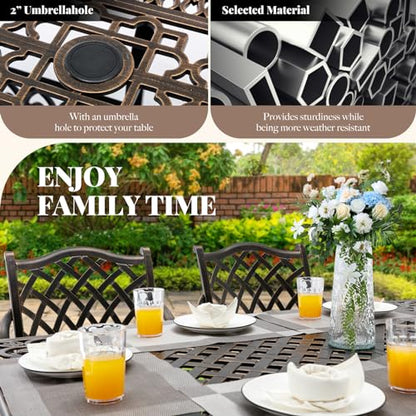 Ailismail 𝟗 𝐏𝐢𝐞𝐜𝐞 Outdoor Dining Set Cast Aluminum Furniture Set, Retro Patio Dining Set for 8 Includes 86.6’’ Table & 6 Swivel Chairs with Cushion and Umbrella Hole for Patio Deck Poolside