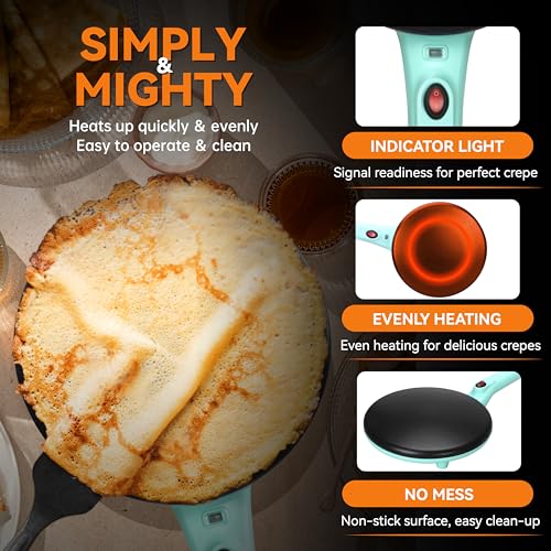 Baker's Friend Instant Crepe Maker with Handle, Electric Crepe Maker Machine, Crepera Electrica, 8 Inch Non-stick Cooking Surface, Aqua