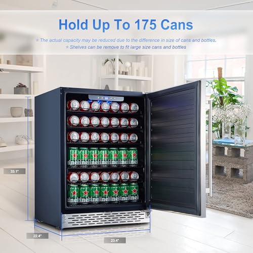 Phiestina Beverage Refrigerator 24Inch, 175 Cans Indoor/Outdoor Undercounter Beverage Cooler Refrigerator Stainless Steel Beer Fridge with Safety Lock Built-in/Freestanding-Silver Foam Door