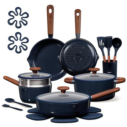 CAROTE 21pcs Cookware Set Nonstick Pots and Pans Set, Ceramic Cookware Set Induction Cookware, Non toxic Healthy Non Stick Kitchen Cooking Set, PFAS PTFE Free, Blue