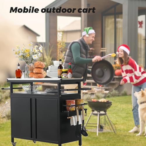 Nessxa Outdoor Grill Cart Bar Cart with Storage Cabinet for Grilling Accessories, XL Portable Outdoor Grill Table with Stainless Steel Top for Kitchen Prep, Lawn & Garden（Black）