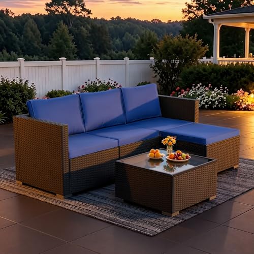 WWR Patio Furniture Set 5 Piece - Wide Armrests - All-Weather Wicker Rattan Outdoor Patio Conversation Couch Sets, Modular Sectional Sofa for Garden, Patio, Poolside, Backyard, Balcony, Porch
