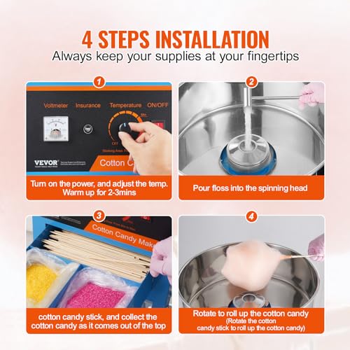 VEVOR Electric Cotton Candy Machine with Cart, 1000W Commercial Candy Floss Maker with Stainless Steel Bowl, Sugar Scoop and Drawer, Perfect for Home, Kids Birthday, Family Party, Blue
