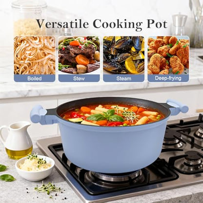 Bobikuke 7 Quart Lightweight Dutch Oven Pot with Lid, Aluminum Casserole Cookware, Large Cooking Pot Nonstick, Induction Pot for All Stoves, Stay-Cool Handle, PFOA Free, Blue