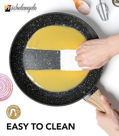 MICHELANGELO 10 Inch Frying Pan with Lid, Nonstick Frying Pan with Healthy Granite Coating, Nonstick Pan with Anti-Scald Handle, Induction Compatible