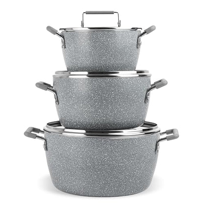 Granitestone Gray Pots and Pans Set Nonstick, 6 Stackable Piece Cooking Pots Set, Kitchen Pots, Non Stick Coating, 5qt 3qt & 1.5qt Pots with Lids, Stay Cool Handles Dishwasher Safe 100% Toxin Free