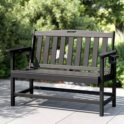 PHI Villa 50 Inches HDPE Outdoor Bench Weatherproof Garden Bench with 700 lbs Capacity, 2-Person Patio Benches for Outside, Park, Yard and Porch, Black