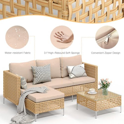 Ophelian Small L-Shaped Patio Furniture Set - Weather Resistant Wicker Sectional Chaise Sofa with Thick Cushions & Tempered Glass Coffee Table for Small Spaces, Balcony, Apartment