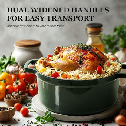 Overmont Enameled Cast Iron Dutch Oven - 5QT Pot with Lid Cookbook & Cotton Potholders - Heavy-Duty Cookware for Braising, Stews, Roasting, Sourdough Baking moss