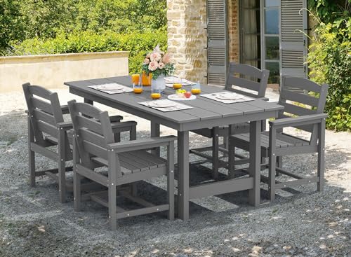 SERWALL Modern Patio Dining Set, 5-Piece Rectangular HDPE Dining Table with Umbrella Hole & 4 Chairs, Grey