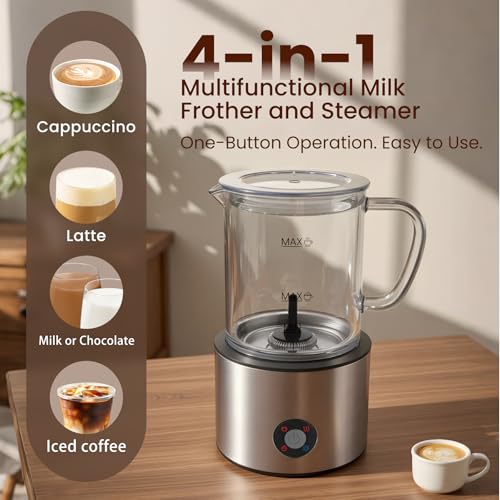 Detachable Milk Frother, 4 in 1 Milk Frother and Steamer, Dishwasher Safe, Glass Frother 16.9oz Warm and Cold Foam Maker, Electric Milk Frother for Coffee, Latte, Hot Chocolate (Silver)