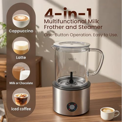 Detachable Milk Frother, 4 in 1 Milk Frother and Steamer, Dishwasher Safe, Glass Frother 16.9oz Warm and Cold Foam Maker, Electric Milk Frother for Coffee, Latte, Hot Chocolate (Silver)