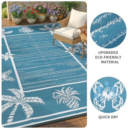 Garvee Outdoor Rug 5x8 Waterproof for Patios, Reversible Plastic Straw Rug, Tropical Leaf Indoor Outdoor Rugs, Large Area Rug for RV, Camping, Deck, Picnic Mat, Outside Carpet, Blue & White