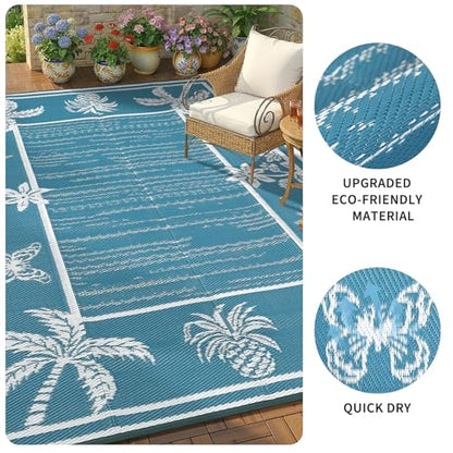 Garvee Outdoor Rug 5x8 Waterproof for Patios, Reversible Plastic Straw Rug, Tropical Leaf Indoor Outdoor Rugs, Large Area Rug for RV, Camping, Deck, Picnic Mat, Outside Carpet, Blue & White