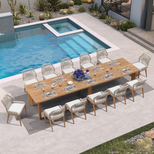 PURPLE LEAF 13 Pieces Patio Dining Set with Cushion and Wicker Back, Teak
