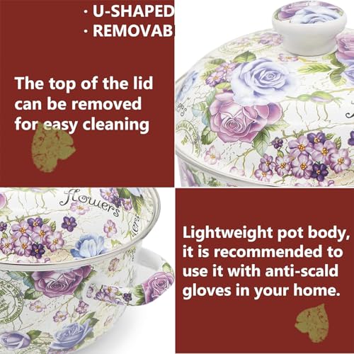 Retro 5QT Flower Enamel on Steel Stock Soup pot with Lid, Stockpots for Cooking,Retro Classic Design