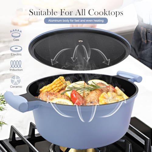 Bobikuke 7 Quart Lightweight Dutch Oven Pot with Lid, Aluminum Casserole Cookware, Large Cooking Pot Nonstick, Induction Pot for All Stoves, Stay-Cool Handle, PFOA Free, Blue