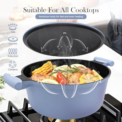 Bobikuke 7 Quart Lightweight Dutch Oven Pot with Lid, Aluminum Casserole Cookware, Large Cooking Pot Nonstick, Induction Pot for All Stoves, Stay-Cool Handle, PFOA Free, Blue