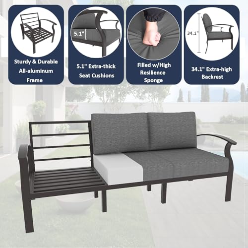 ALAULM Aluminum 3-Seat Patio Furniture Set, Metal Outdoor Furniture Sectional Sofas w/5.1" Cushions for Patio, Backyard, Poolside-Grey