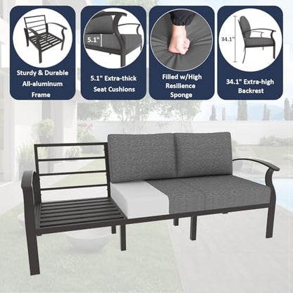 ALAULM Aluminum 3-Seat Patio Furniture Set, Metal Outdoor Furniture Sectional Sofas w/5.1" Cushions for Patio, Backyard, Poolside-Grey