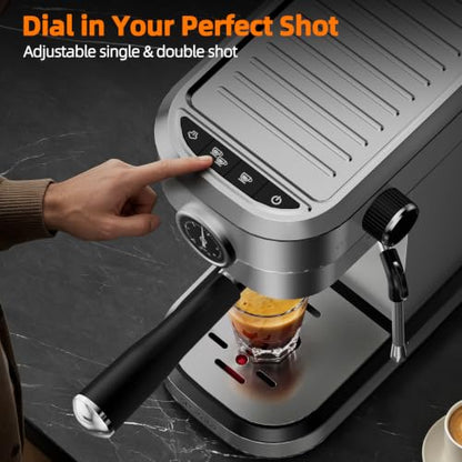 SECPOEDR 20 Bar Compact Espresso Machine with Pressure Gauge, Stainless Steel Espresso Maker with Milk Frother, Coffee Machine for Cappuccino & Latte, Silver