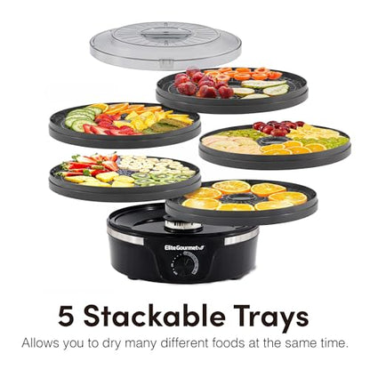 Elite Gourmet EFD319BNG Food Dehydrator, 5 BPA-Free 11.4" Trays Adjustable Temperature Controls, Jerky, Herbs, Fruit, Veggies, Dried Snacks, Black and Grey, 5 Trays