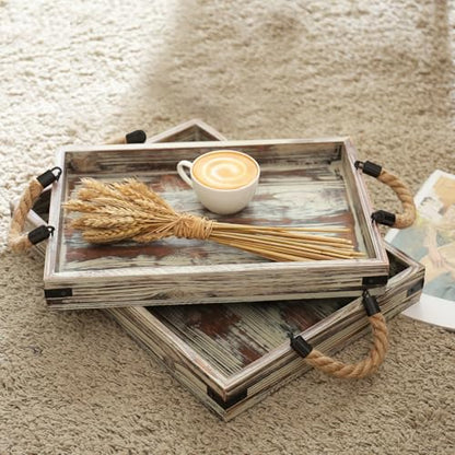 MyGift 2 Piece Set Rustic Torched Wood and Black Metal Decorative Nesting Serving Trays with Rope Handles for Breakfast in Bed, Coffee Table, Ottoman Decor