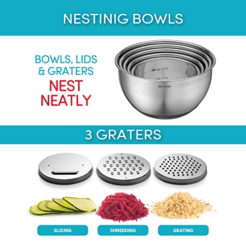 Belwares Mixing Bowls with Lids Set of 5 - Stainless Steel Mixing Bowl Set, Nesting Metal Bowls with Non Slip Bottoms + 3 Grater Attachments, Airtight Lids for Baking, Food Prep + Storage, Black