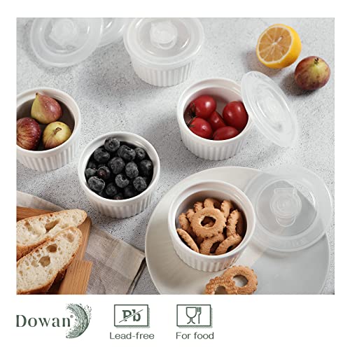 DOWAN Ramekins with Lids 6 oz Oven Safe, Creme brulee Souffle Dishes Ramekin with Covers, Porcelain Bowls for Baking Custard Cups, Set of 6, White