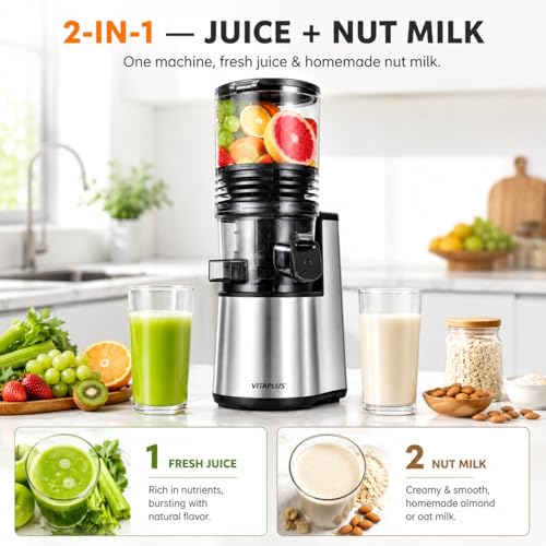 VITAPLUS Cold Press Juicer with Stainless Steel Auger，High Juice Yield Slow Masticating Juicer for Juice & Nut Milk, Lab-Certified Food-Safe, AC Motor, 5.8" Whole-Fruit Chute, BPA-Free,Easy Clean