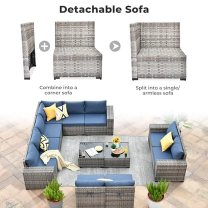 ovios 12 Pieces Patio Furniture Set, Outdoor Wicker Sectional Sofa with Coffee Table Comfy Cushions, Modern Modular Deep Seat Couch Rattan Conversation Set, Denim Blue