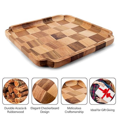 Wood Serving Trays - Set of 2 Square Serving Platters, Wooden Decorative Board Charcuterie Boards for Serving Breakfast Dinner Appetizers Coffee BBQ Party (1 x 9.6 in, 1 x 7.8 in)