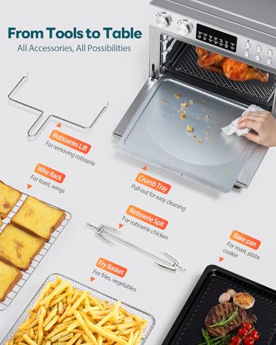 28QT Air Fryer Toaster Oven Combo, Large 12-in-1 Convection Countertop Oven with Next-Gen HeatWave Convection, 3-Layer Cooking, Rotisserie for Chicken, Fits 11" Pizza, All Accessories, Silver-tone