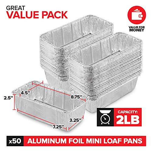 Stock Your Home 2 Lb Aluminum Foil Mini Loaf Pans (50 Pack) Disposable Small Loaf Pan – 2 Pound Baking Tin Liners, Perfect to Bake Cakes, Bread Loaves, and Meat - 8.5 x 4.5 x 2.5