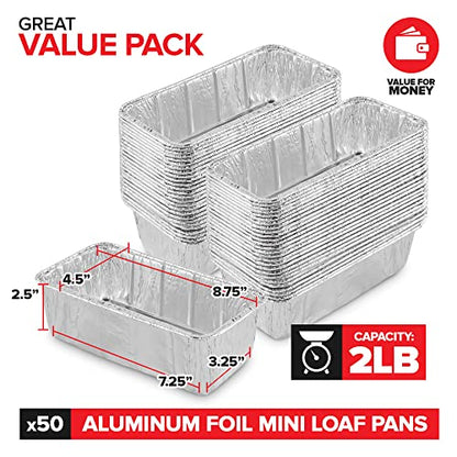Stock Your Home 2 Lb Aluminum Foil Mini Loaf Pans (50 Pack) Disposable Small Loaf Pan – 2 Pound Baking Tin Liners, Perfect to Bake Cakes, Bread Loaves, and Meat - 8.5 x 4.5 x 2.5