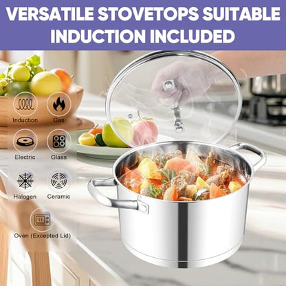 TeamFar 6QT Stainless Steel Stock Pot, Tri-ply Base Cooking Pasta Sauce Soup Pot with Glass Lid for Induction/Gas/Ceramic Stoves, Transparent Cover & Double Handles, Heavy Duty & Dishwasher Safe