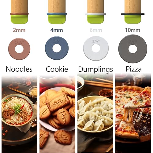 Aguegro Rolling Pin with Adjustable Thickness Ring, Dough Thickness for Baking, Fondant, Pizza, Crust, Cookies, Pastry, 13.6'' Wooden Rolling Pin with 4 Multi-Color Thickness Rings