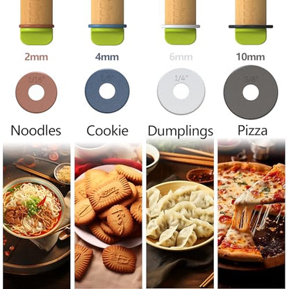 Aguegro Rolling Pin with Adjustable Thickness Ring, Dough Thickness for Baking, Fondant, Pizza, Crust, Cookies, Pastry, 13.6'' Wooden Rolling Pin with 4 Multi-Color Thickness Rings