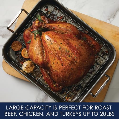 Rachael Ray Bakeware Nonstick Roaster/Roasting Pan with Reversible Rack, 16.5 Inch x 13.5 Inch, Gray