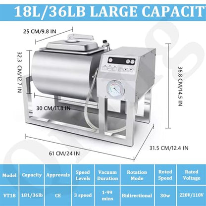 36lb/18l Vacuum Tumbler Marinator, Meat Tumbler Marinating Machine, 30w Three-Speed Bidirectional Rotation Rapid Marination Catering Food Processing, For Marinating Chicken, Steak, Burger & Bacon