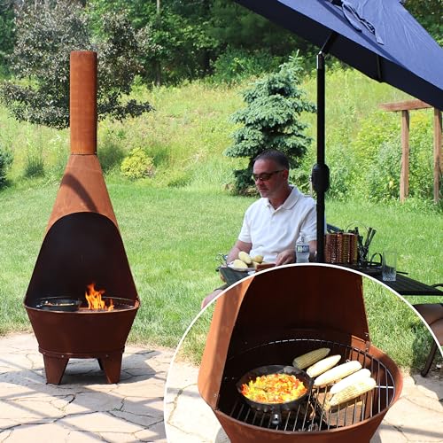 Sunnydaze Large Chiminea Outdoor Fireplace - Outdoor Wood-Burning Fireplace - Chimney Fire Pit with Grill Grate - Rustic - 75" H