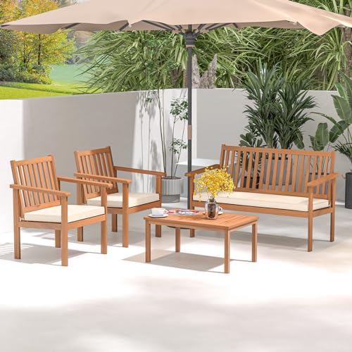 Tangkula 4 Piece Patio Wood Furniture Set, Acacia Wood Sofa Set w/Loveseat, 2 Chairs & Coffee Table, Soft Seat Cushions, Outdoor Wood Furniture Set for Porch, Yard, Balcony (Off White), OneSize