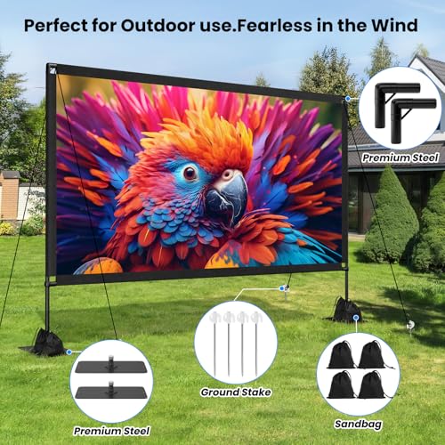120inch Projector Screen with Stand: Portable Projector Screen Outdoor Indoor Front/Rear16:9 4K HD with Carry Bag, Sandbag - Lightweight Movie Screen for Backyard, Camping, Theater