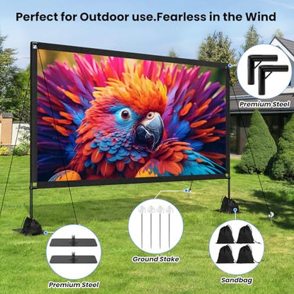 120inch Projector Screen with Stand: Portable Projector Screen Outdoor Indoor Front/Rear16:9 4K HD with Carry Bag, Sandbag - Lightweight Movie Screen for Backyard, Camping, Theater