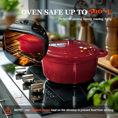 Overmont Enameled Cast Iron Dutch Oven - 7QT Pot with Lid Cookbook & Cotton Potholders - Heavy-Duty Cookware for Braising, Stews, Roasting, Sourdough Baking red