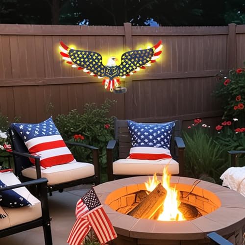 23" American Eagle Metal Wall Art with Solar Lights Outdoor - 4th of July Decorations Outdoor | Led-lit Patriotic Sculpture with American Flag | Solar Powered Independence Day Decor for Yard & Porch