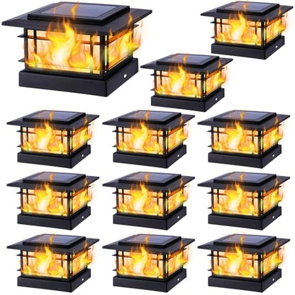 Dynaming 4x4 Solar Post Cap Lights Outdoor with Flickering Flame Light, Black Shell Fence Post Solar Lights Fit Vinyl/Wooden Posts, Brightness LED Lighting Decor for Garden Deck Patio, 12 Pack
