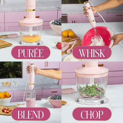 Paris Hilton Hand Blender Set, 3-in-1 Immersion Blender with Whisk, Blending & Chopper Attachments, 400W High Speed, Pink with Gold Accents, Handheld Blender for Smoothies, Soups, Sauces, Cream, Pink