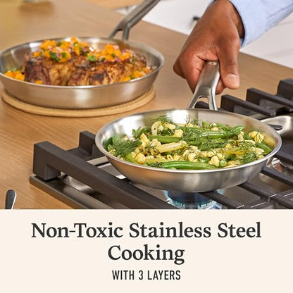 Calphalon Brushed 3-Ply Stainless Steel Cookware Set w/Turbo Heat Tech 10 Piece Includes Frying Pans, Pots and Pans Set, Induction, Oven Safe 450F, Brushed Stainless Silver