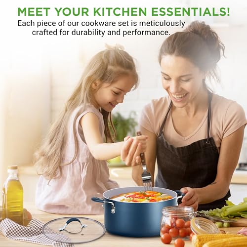 NutriChef 14-Piece Navy Blue Nonstick Cookware Set - Durable Pots and Pans Set with Lids & Utensils, Compatible with All Cooktops